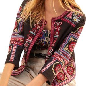 NTHR Women’s Open Front Embroidered Beaded Black Cotton Crop Jacket